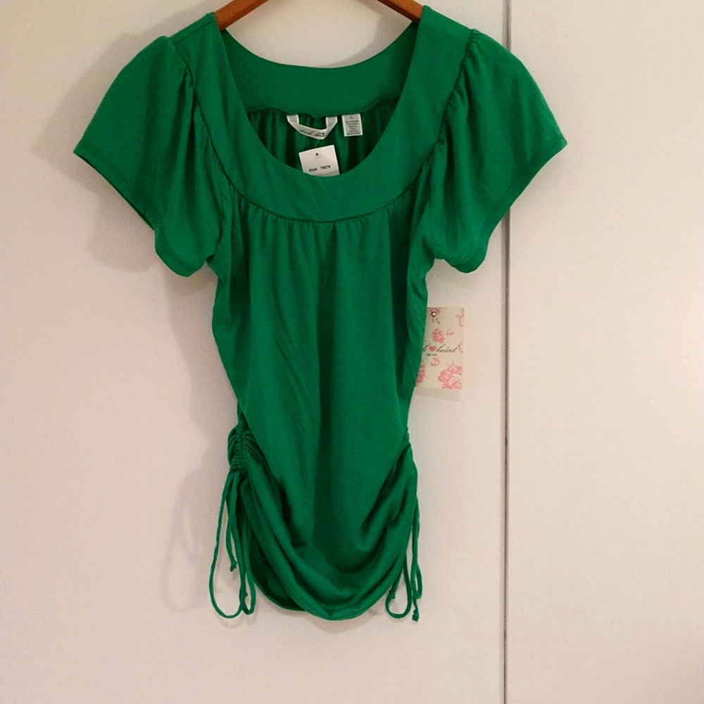 Derek Heart Green Top with Ruched Side Ties. New With Tags. Size L.